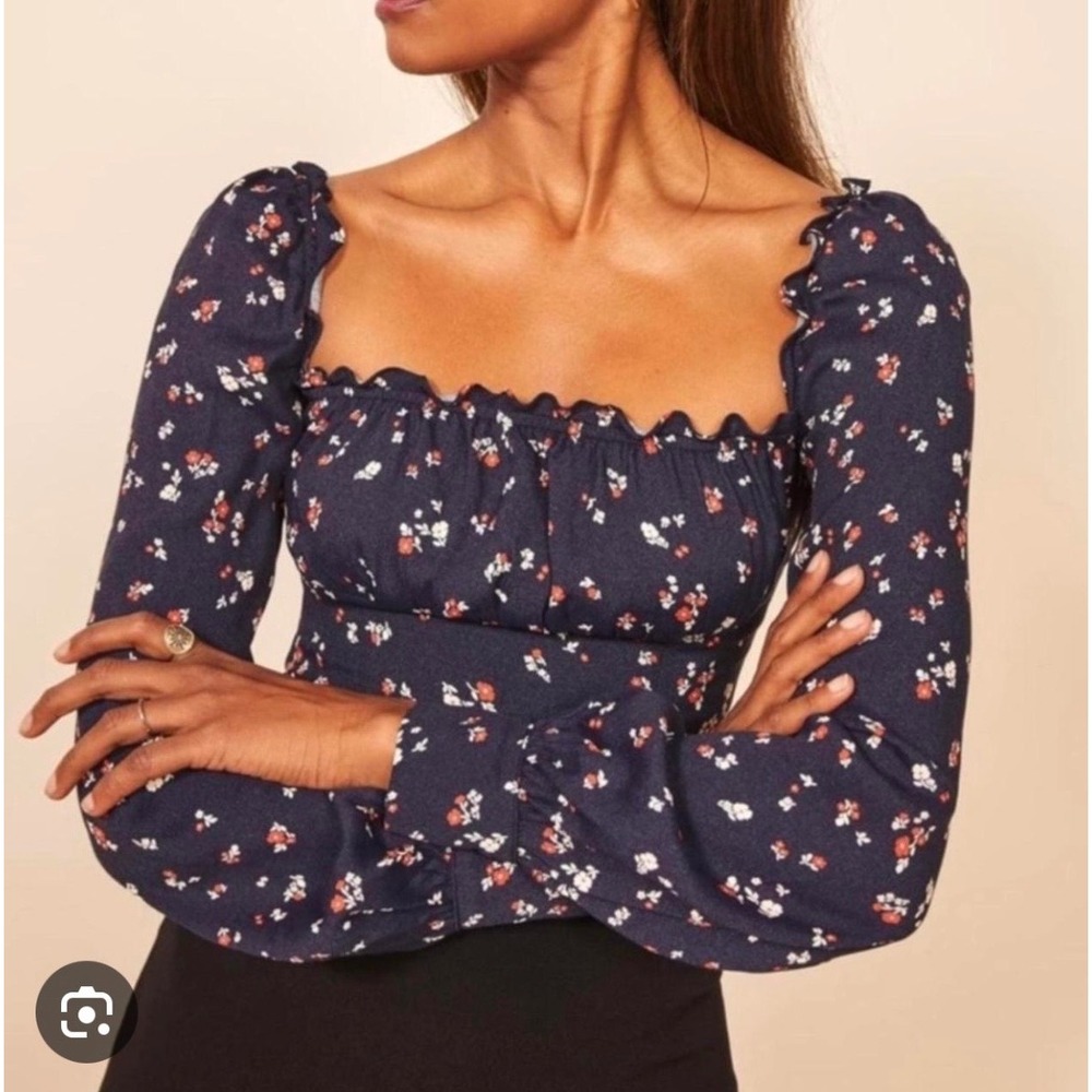 Reformation Matteo Blouse Navy Floral Top Long Sleeve Womens 12 Cottagecore